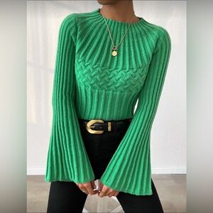 SHEIN Green Ribbed Cable Knit Bell Sleeve Sweater Sz 12/XL